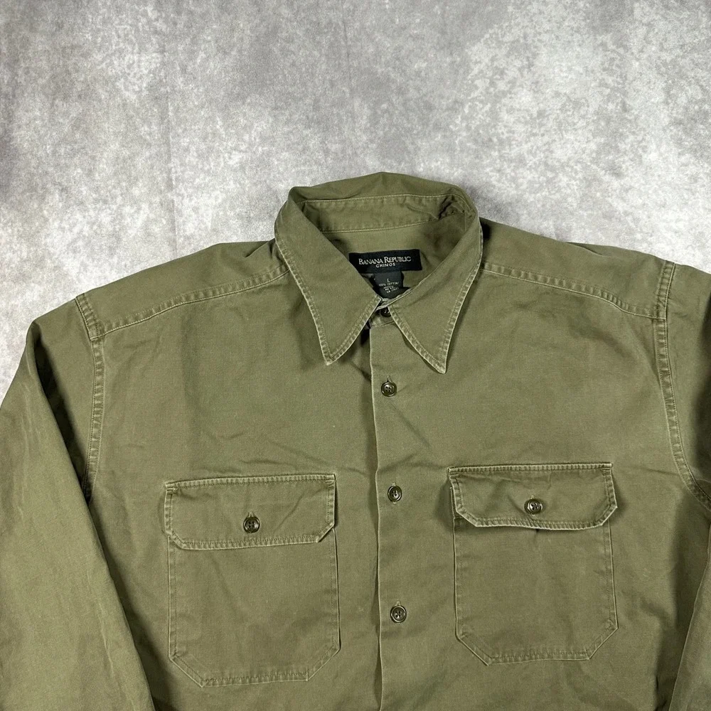 VTG Banana Republic Mens L Olive Green Cotton Military Work Shirt Long‎ Sleeve